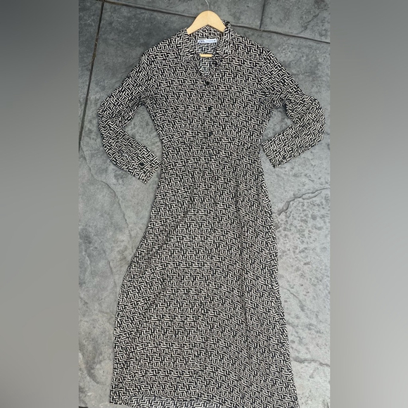 Zara Printed Shirt Dress Black ecru Patterned Maxi Dress - Picture 9 of 10